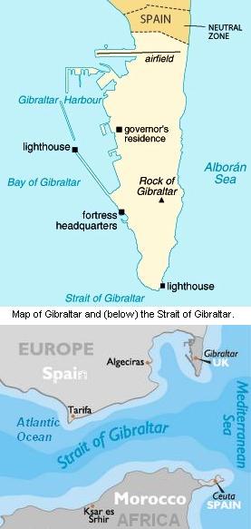 Map of Gibraltar and the Straight of Gibraltar.