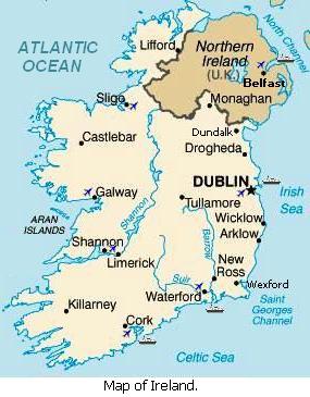 Map of Ireland: major cities, airports and sea ports.