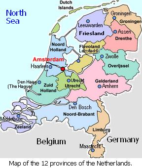 Map of the Netherlands showing the 12 provinces and their respective capital cities.