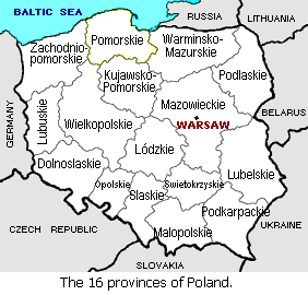 Map showing the 16 provinces of Poland.