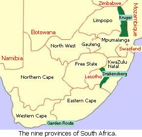 Map showing the nine provinces of South Africa.