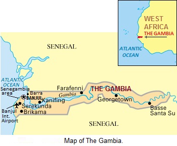 Map of The Gambia, West Africa.
