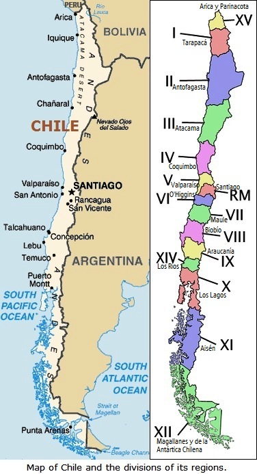 Map of Chile and the divisions of its regions.